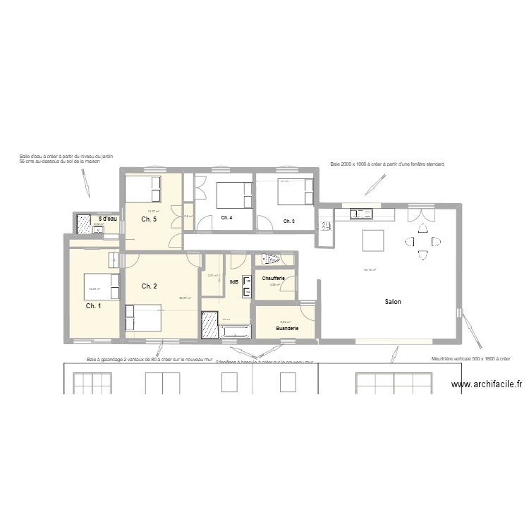 Projet Rénovation avec Façade Sud. Plan de 10 pièces et 127 m2