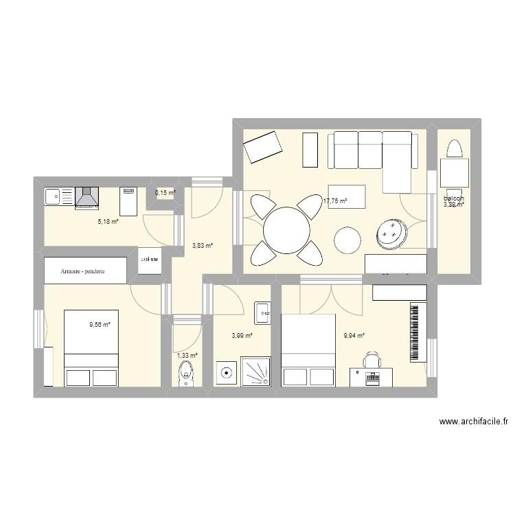 nouvel appart aménagement 2. Plan de 9 pièces et 55 m2