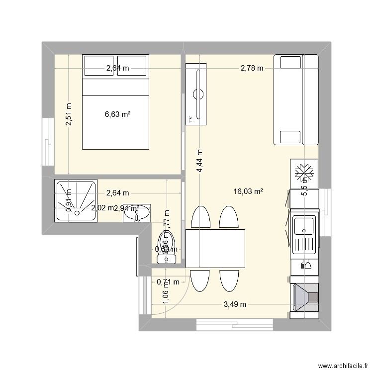 CHAMBRE NICOLAS. Plan de 3 pièces et 26 m2