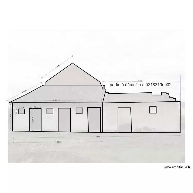 fa&ccedil;ade c&ocirc;t&eacute; houille  partie &agrave; d&eacute;molir. Plan de 