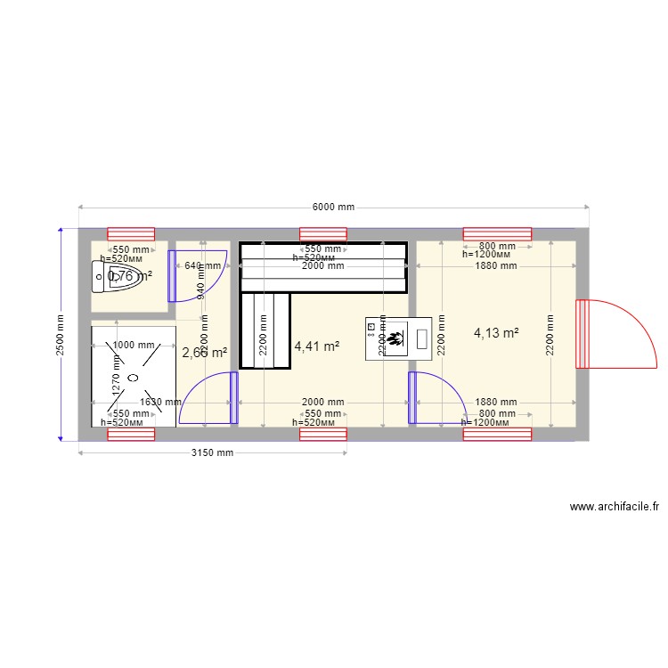 V ban. Plan de 4 pièces et 12 m2