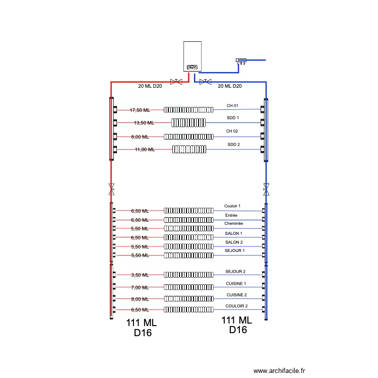 Shema r&eacute;novation circuit chauffage Peri. Plan de 