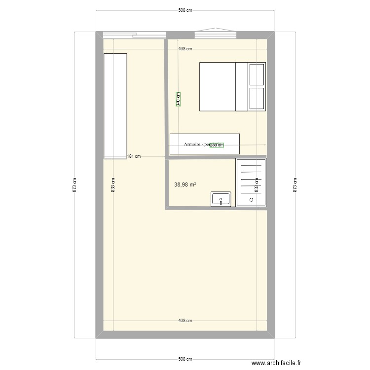 plan 1. Plan de 1 pièce et 39 m2