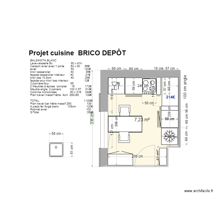 PROJET CUISINE STUDIO BRICOT DEPOT. Plan de 1 pièce et 7 m2