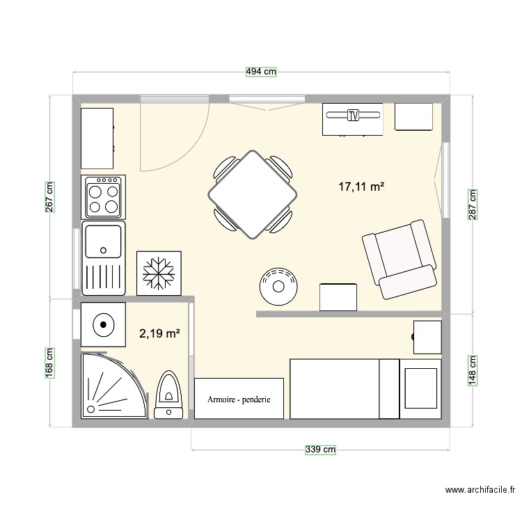 tuyo . Plan de 2 pièces et 19 m2