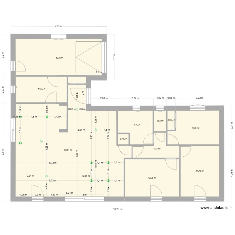 plan 0. Plan de 11 pièces et 133 m2
