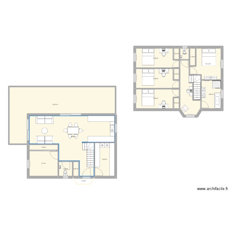 r+1. Plan de 19 pièces et 169 m2