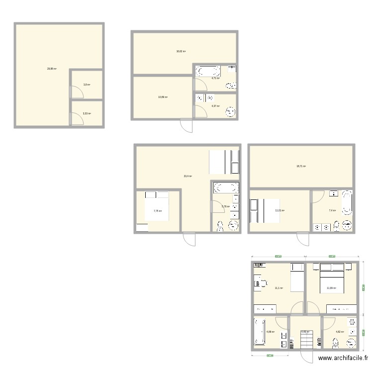 extension. Plan de 18 pièces et 184 m2