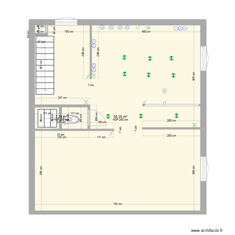 CLUZEAUD HOVAERE rdc. Plan de 2 pièces et 61 m2