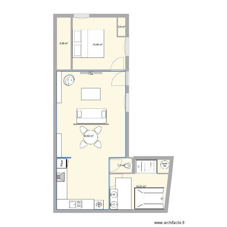 Appt 60m2 scd. Plan de 6 pièces et 60 m2