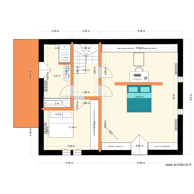 Etage. Plan de 4 pièces et 74 m2