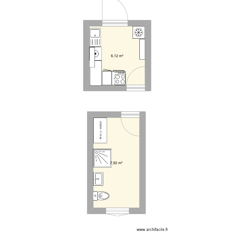 Cuisine r Leon Noel. Plan de 2 pièces et 14 m2