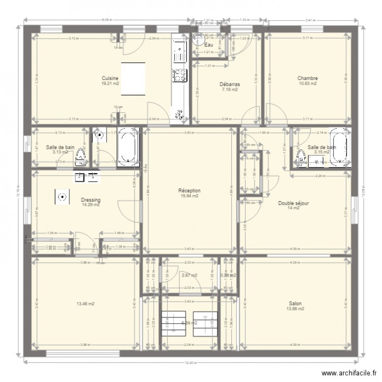 Plan5601. Plan de 16 pièces et 128 m2