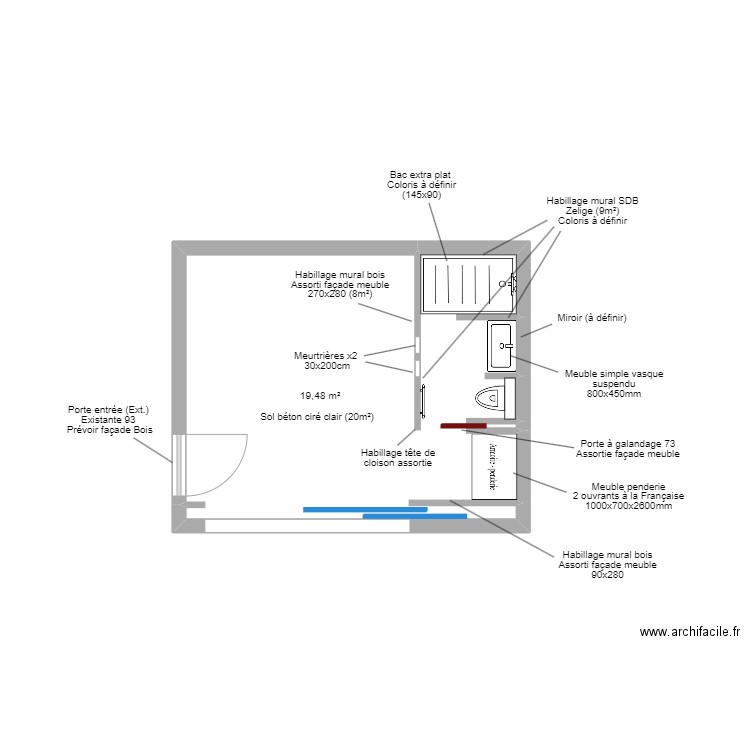 Roc Mer Studio - Agencement + Matériaux. Plan de 1 pièce et 19 m2