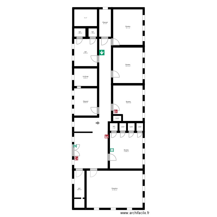 plan  d'évacuation. Plan de 18 pièces et 147 m2