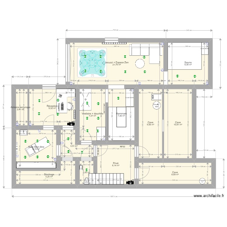 Plan sous-sol situation projetée. Plan de 14 pièces et 113 m2