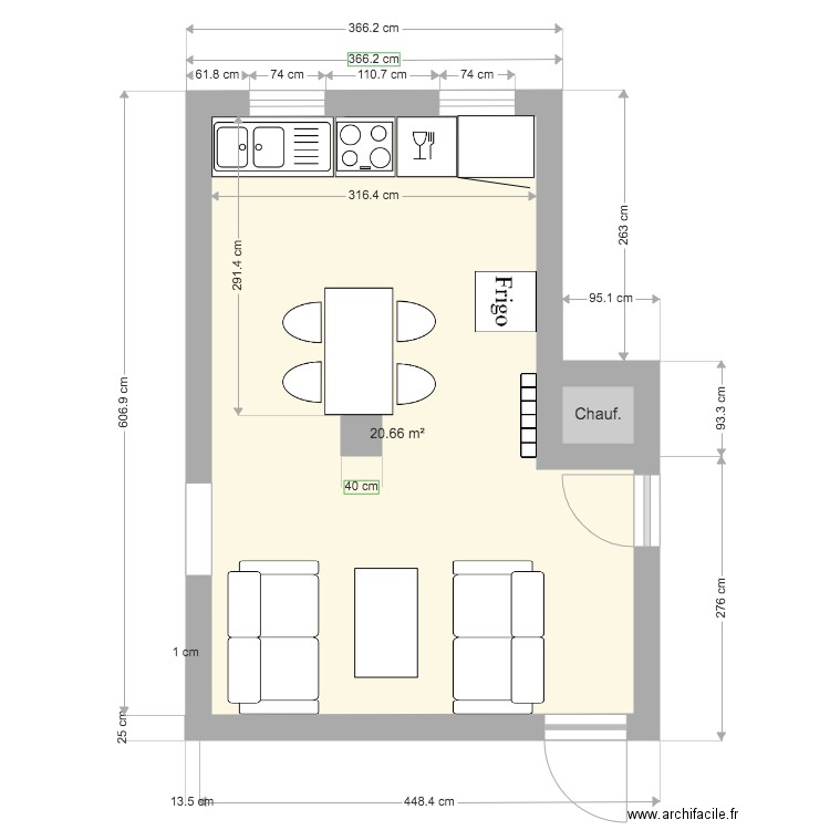 cuisine fenêtres long plus frigo. Plan de 0 pièce et 0 m2