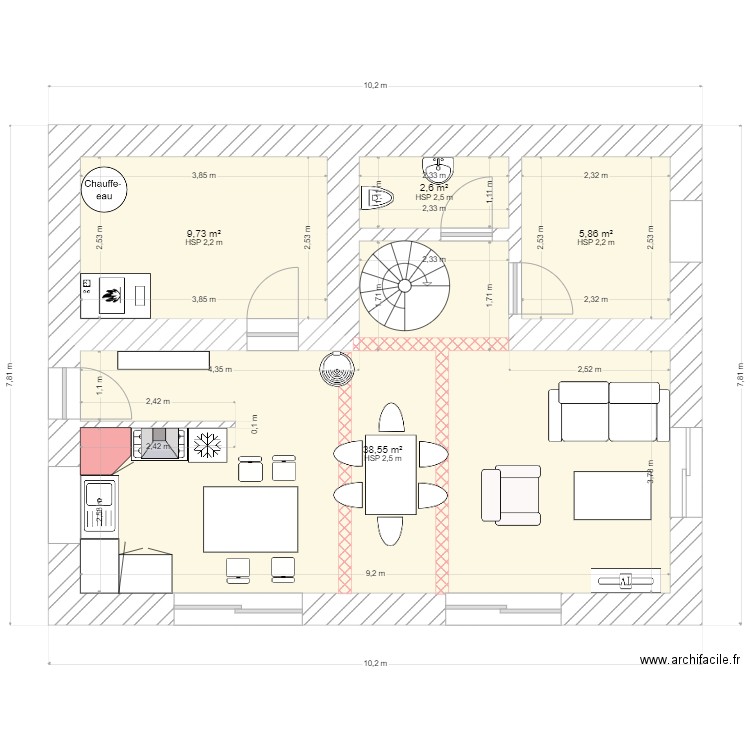 rez transformé. Plan de 4 pièces et 57 m2