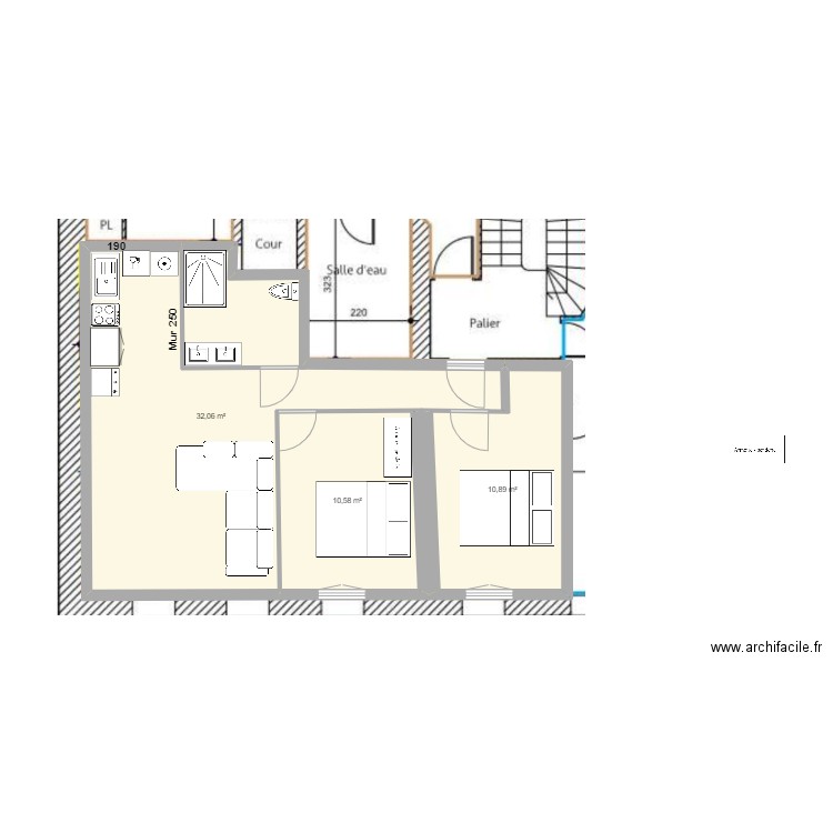 cuisine. Plan de 3 pièces et 54 m2