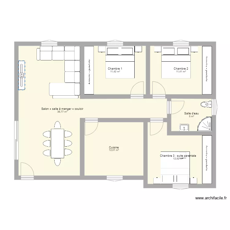 Villa de vacances 90 m2. Plan de 