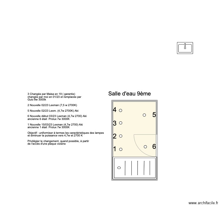 Spots salle d'eau 9. Plan de 1 pièce et 4 m2