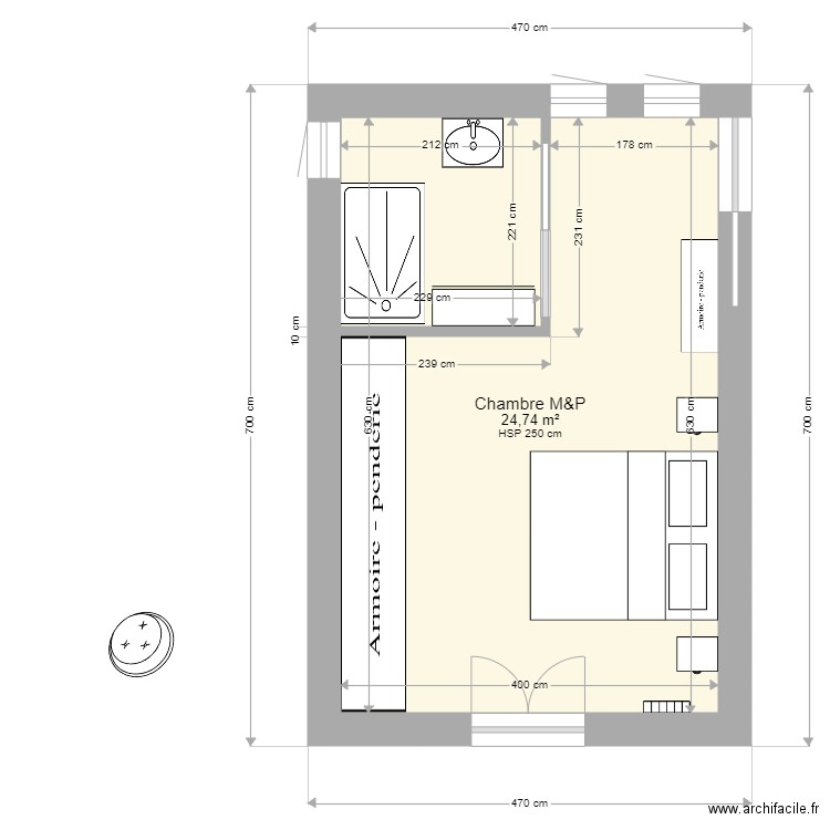 Chambre P/M base 3. Plan de 1 pièce et 25 m2