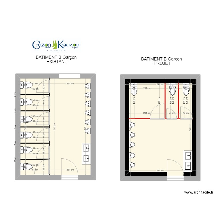 plan bâtiment B existant Garçons. Plan de 6 pièces et 49 m2