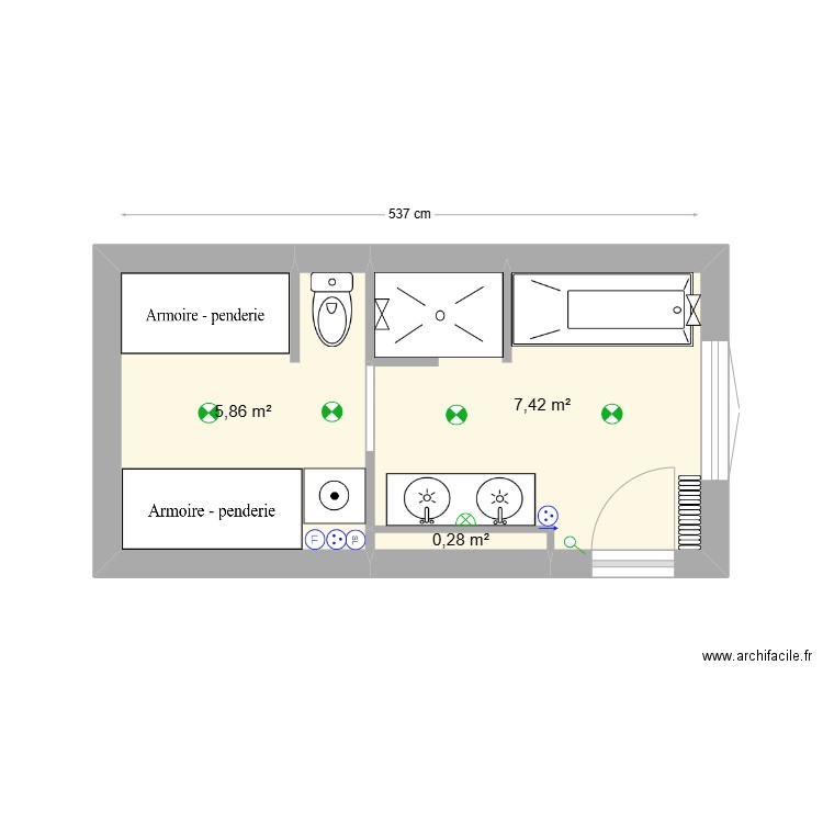 sdb paradis V6. Plan de 3 pièces et 14 m2