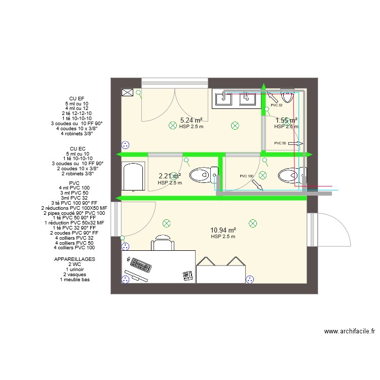 toilette et bureau plomberie. Plan de 0 pièce et 0 m2