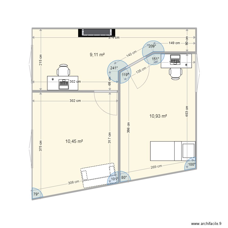 Chmabres. Plan de 3 pièces et 30 m2