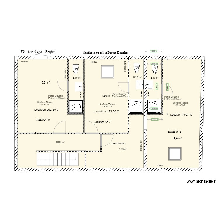 T9 1er - Surface Lgts et Portes Douches. Plan de 8 pièces et 75 m2