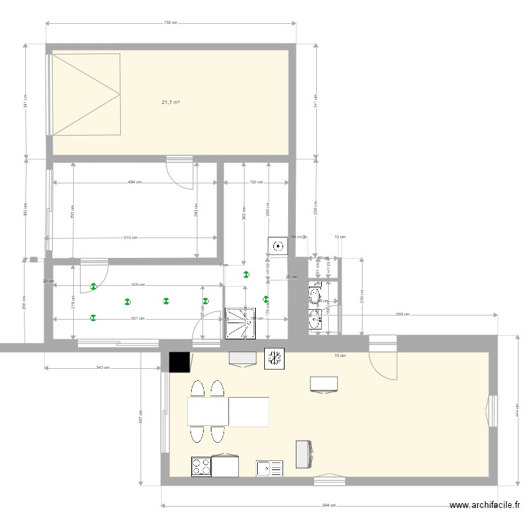 bois rocher cuisine sam. Plan de 2 pièces et 90 m2