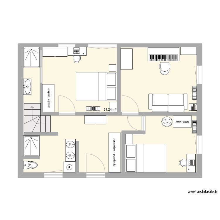 chambres. Plan de 1 pièce et 51 m2