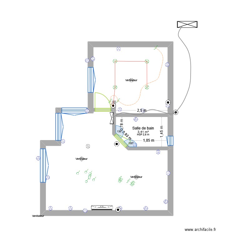 plan electrique. Plan de 1 pièce et 3 m2