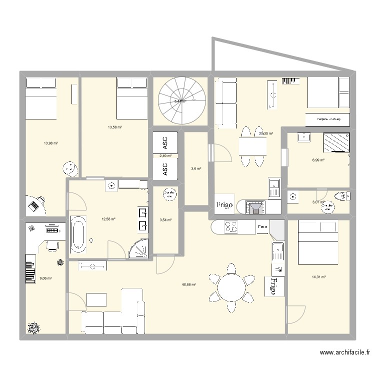 Etage n-2. Plan de 13 pièces et 155 m2