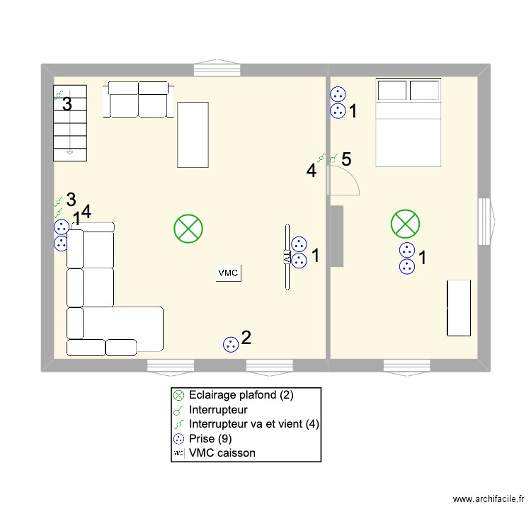 Grenier. Plan de 2 pièces et 54 m2