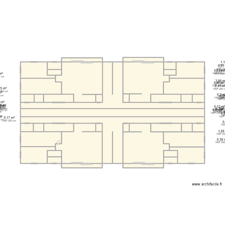 4 fois 3 Pièces. Plan de 38 pièces et 44 m2