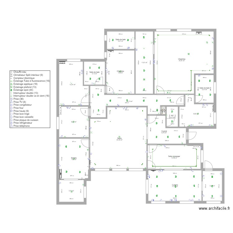 Plan elec Villa Graven. Plan de 19 pièces et 222 m2