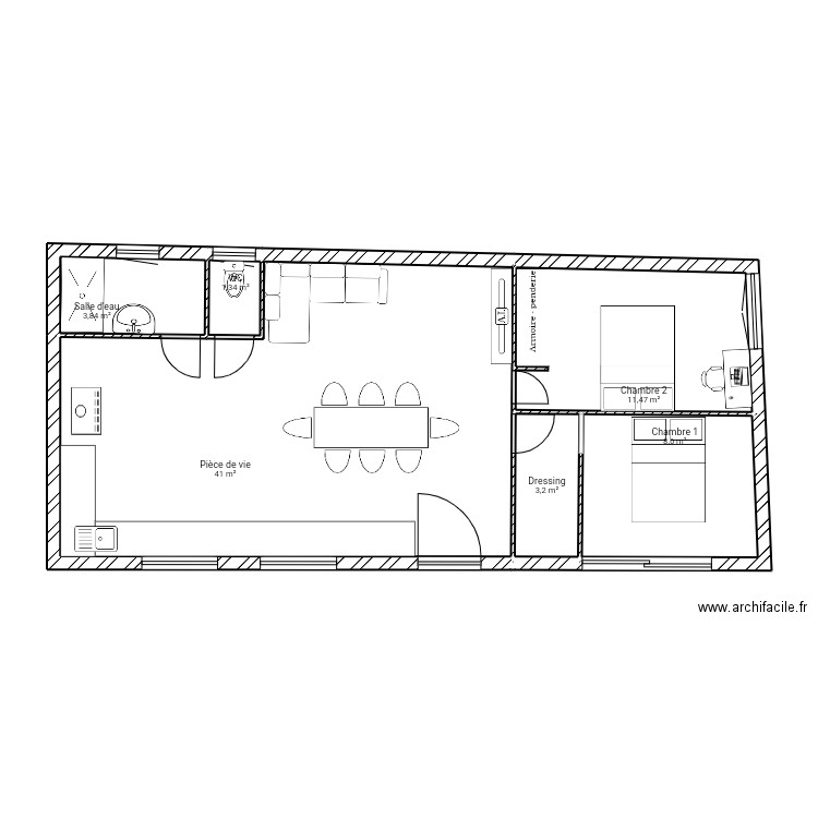 Plan aménagement. Plan de 6 pièces et 69 m2