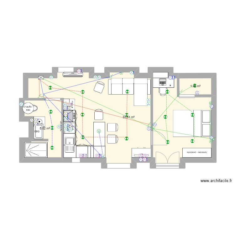 orange Joëlle cable lumiere. Plan de 3 pièces et 40 m2