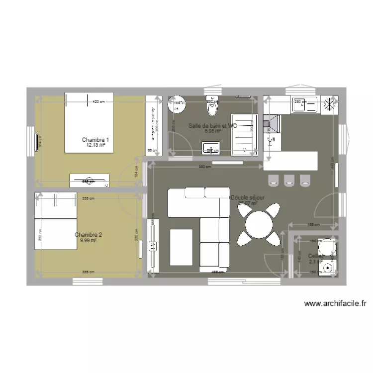 Projet maison appartement 60m2 2 chambres avec cotes. Plan de Projet maison appartement 60m2 2 chambres avec cotes. Plan de