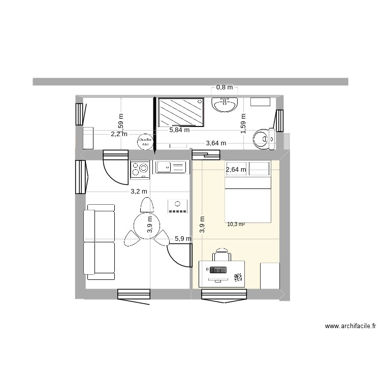 maz. Plan de 1 pièce et 10 m2