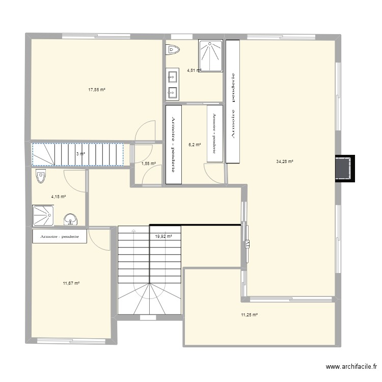 1er etage. Plan de 10 pièces et 115 m2