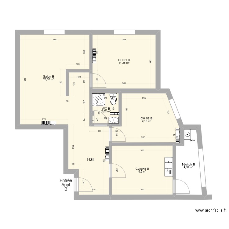 Projet Ghazela Appt B. Plan de 6 pièces et 66 m2