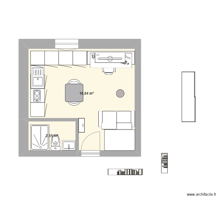 Chambrette 3. Plan de 2 pièces et 19 m2