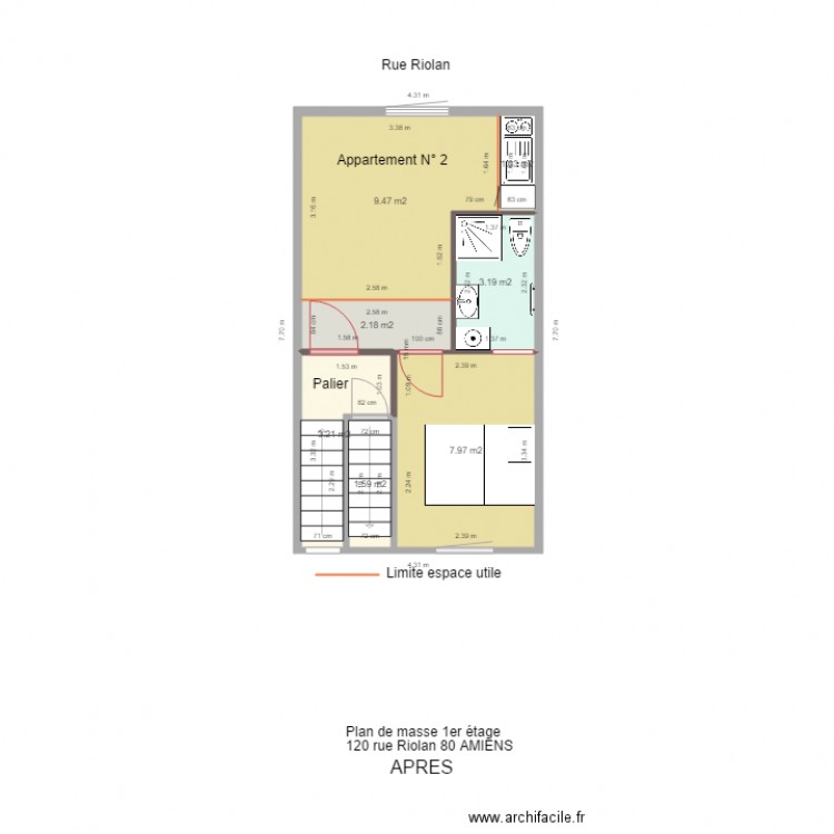 PLAN DE MASSE RIOLAN 1er étage aménagé. Plan de 7 pièces et 29 m2