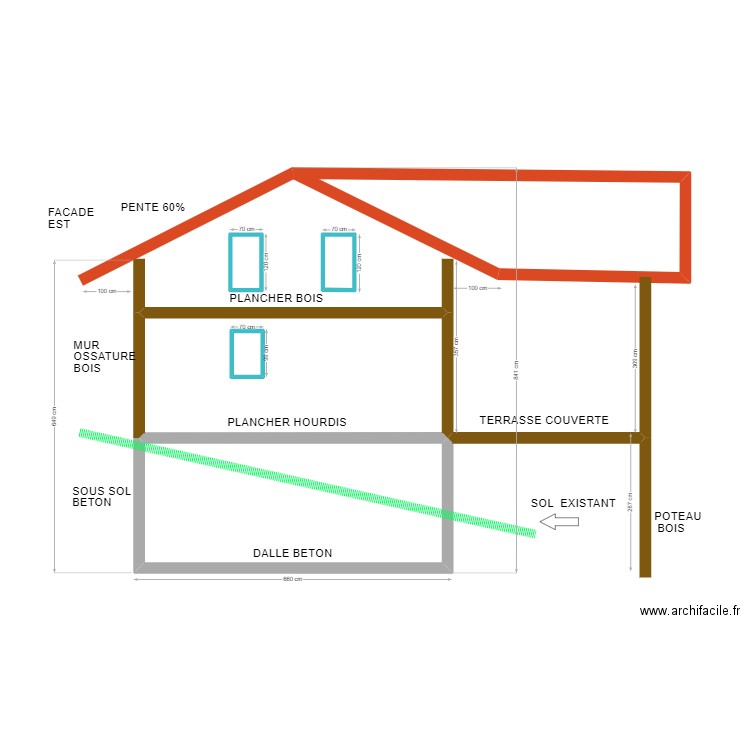 FACADE EST SAINT GERAUD. Plan de 6 pièces et 43 m2