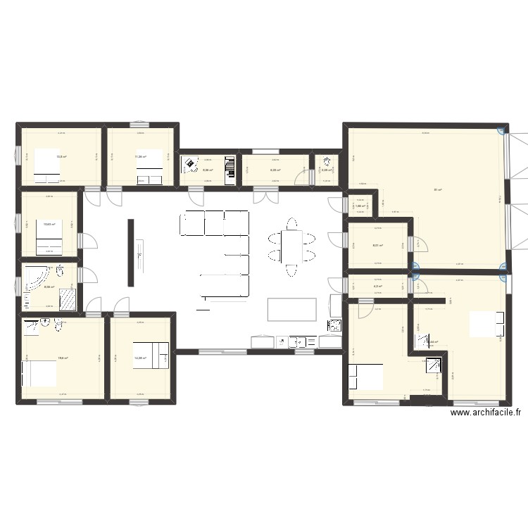 Plan 1. Plan de 14 pièces et 204 m2