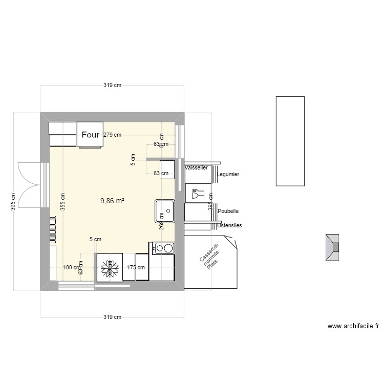 Cuisine d été en L - version finale . Plan de 1 pièce et 10 m2