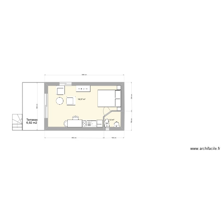 aménagement studio. Plan de 2 pièces et 20 m2